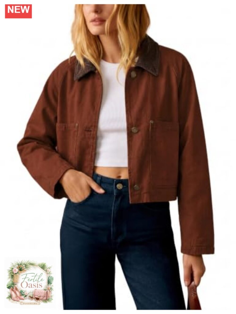 Women's Cropped Barn Jacket Corduroy Collar Casual Coat
